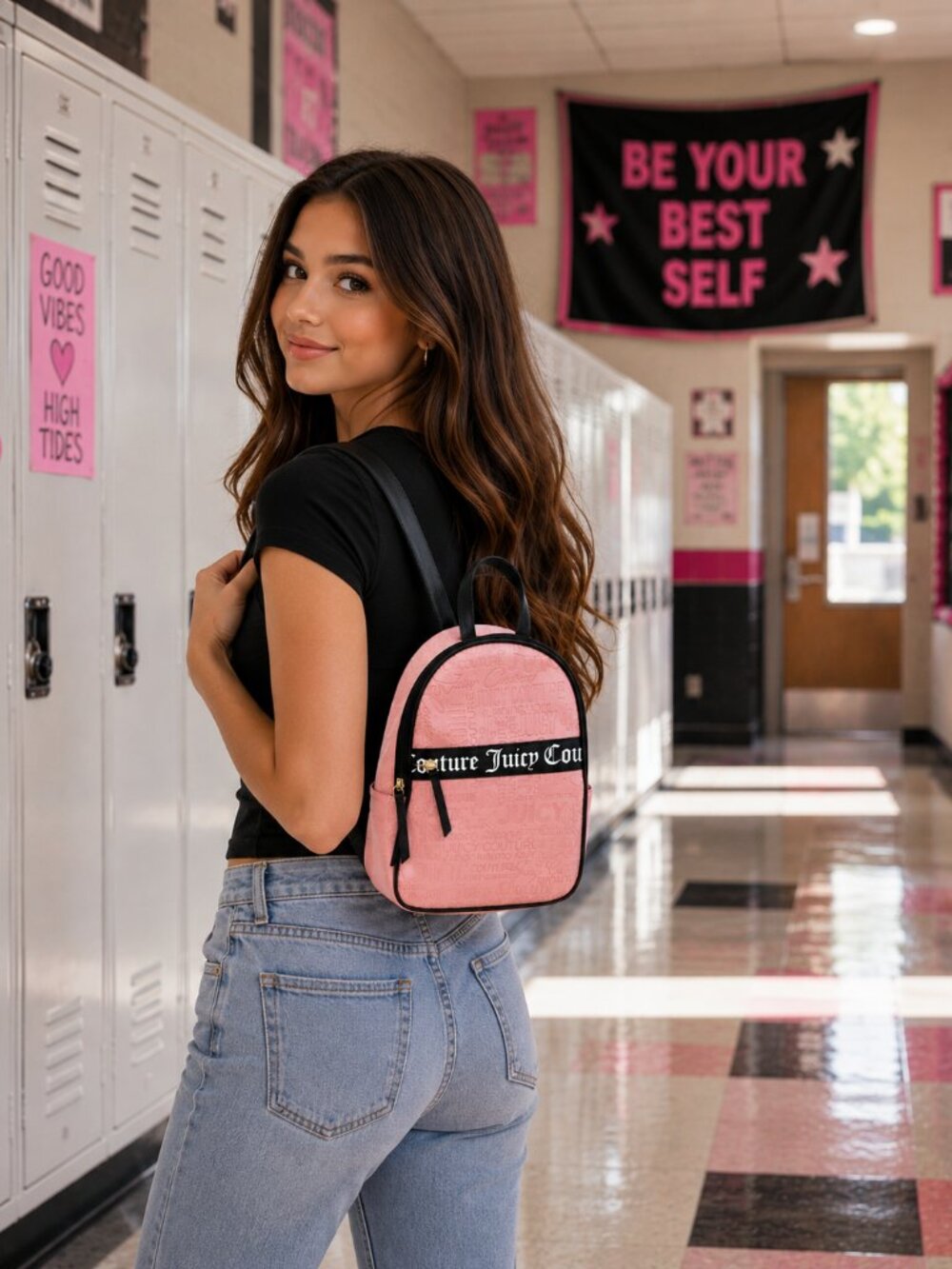 Juicy Couture Pink Embossed Logo Backpack Purse Black Gothic Stripe Medium